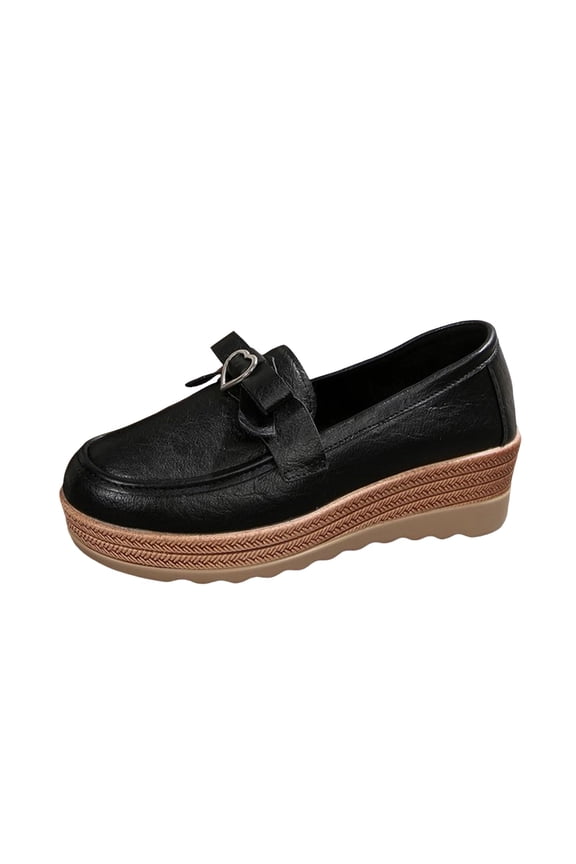 Black Loafers For Ladies Casual Four Season Round Toe Bow Knot Shallow Wedge Heel Comfortable Walking Footwear For Daily Activities Size 38