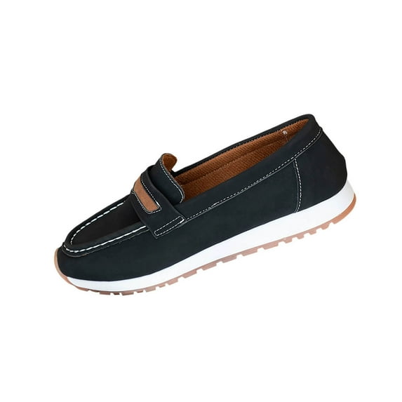 Black Loafers For Ladies British Style With Colorblock Round Toe Flat Sole Slip On Design Casual Wear Comfortable Fit For Indoor And Outdoor Use Size 37