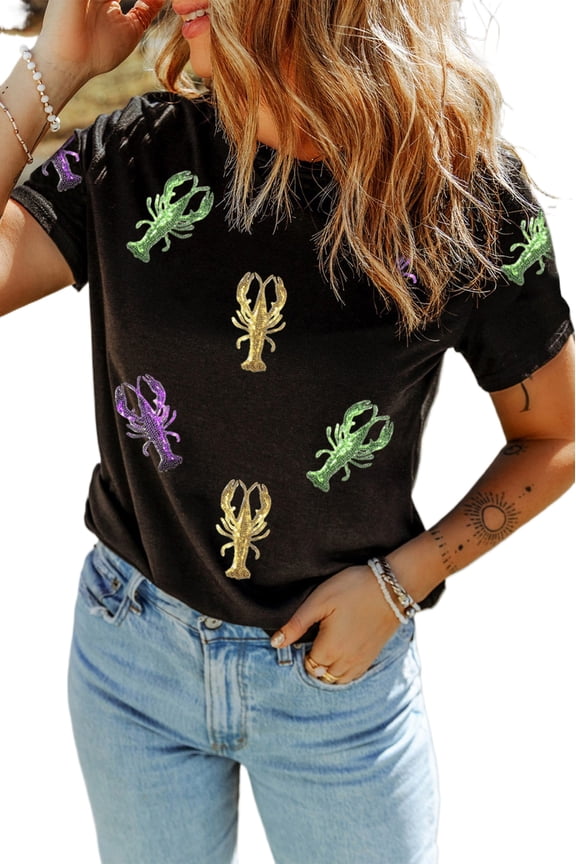 Black Lobster Sequin T-Shirt – Fun and Stylish Summer Tee for Women’s Everyday Wear, M
