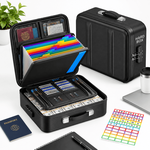 Black Lockable Water Resistant Document Box File Storage Organizer for Home Office Travel