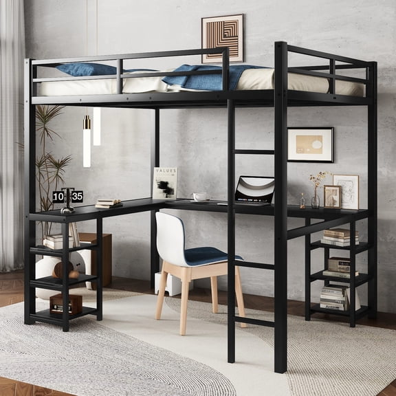 Black Loft Bed with Storage Shelf | Saves Bedroom Space | Durable Iron Frame Structure