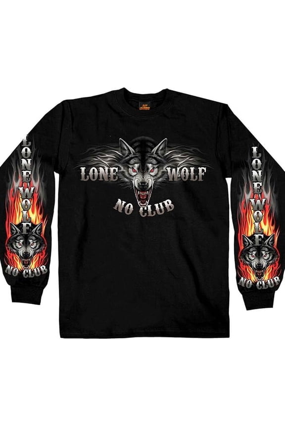 Black Lone Wolf No Club Biker Long Sleeve Double Sided T-Shirt