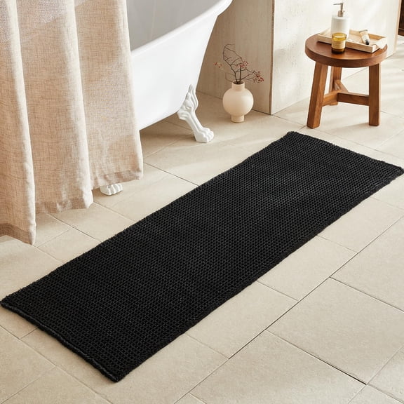 Black Long Bathroom Rug Waffle Runner Non Slip Washable Super Absorbent Quick Dry Boho Farmhouse Bath Decor 72"x24"