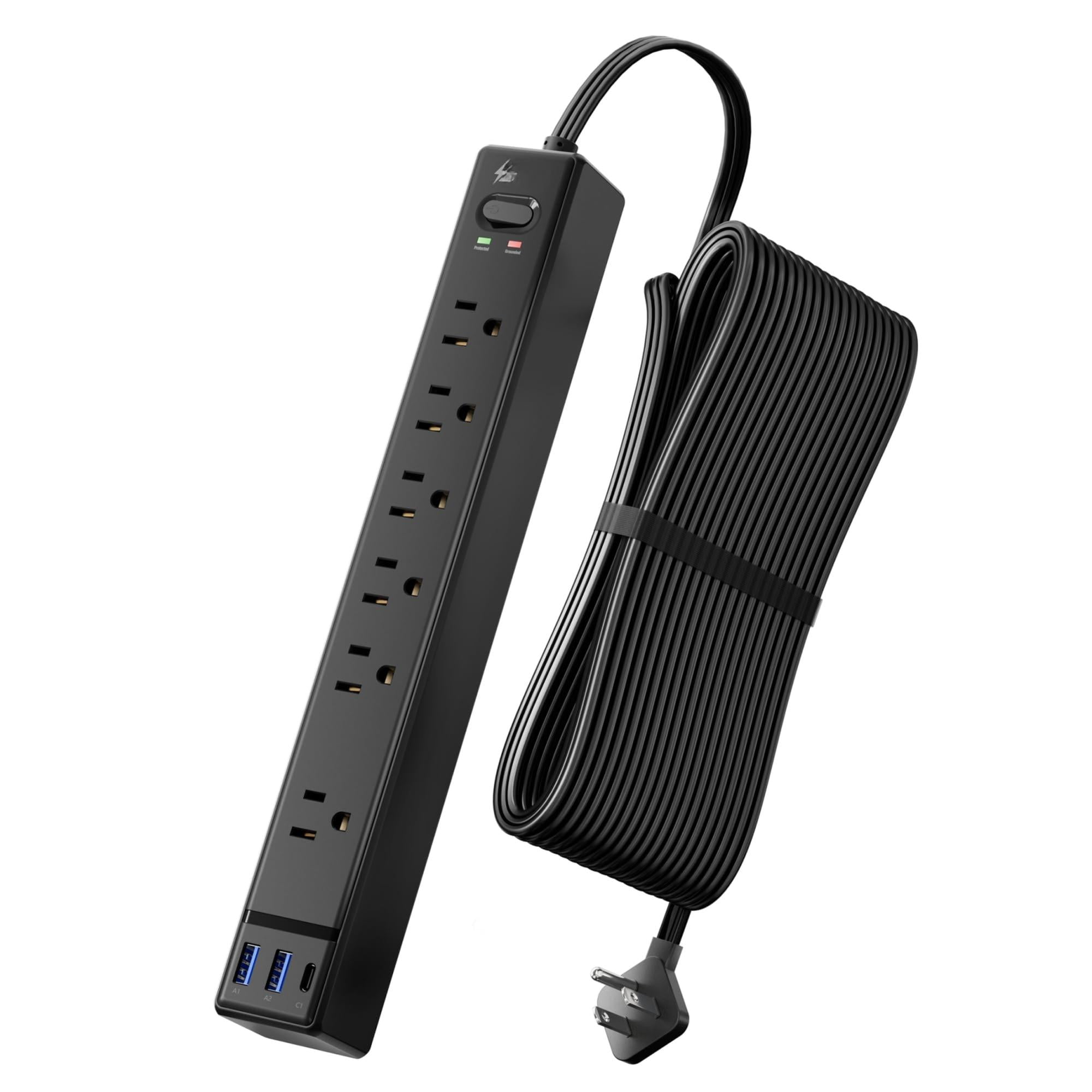 Black Long Extension Cord 20ft  Flat Plug Surge Protector Power Strip With 6 Outlets & 3 Usb Ports Bar For Home Office Dorm Room