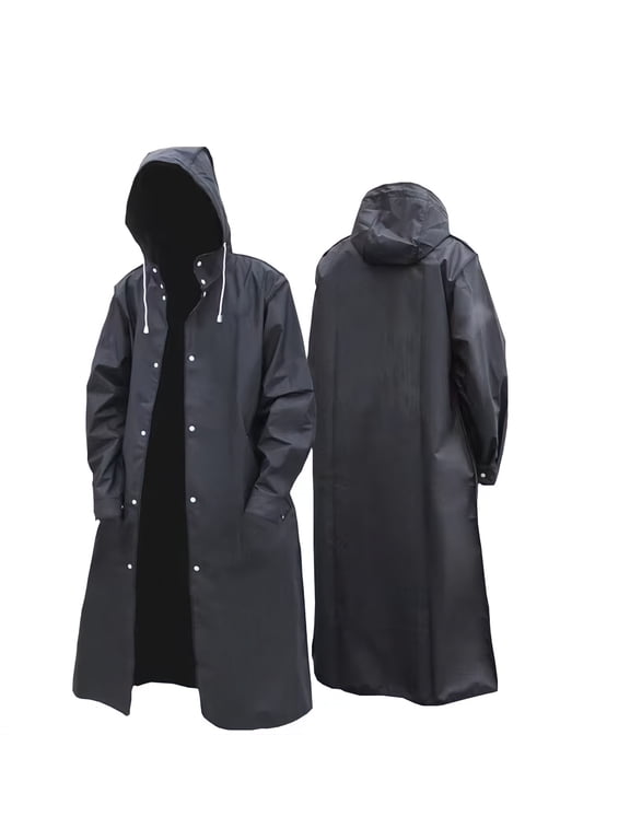 Black Long Hooded Raincoat Size XXL, EVA Waterproof Windproof Rain Jacket with Drawstring Hood for Hiking Outdoor