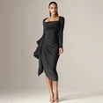 thumbnail image 1 of Black Long-Sleeve Draped Midi Dress (S, Black), 1 of 6