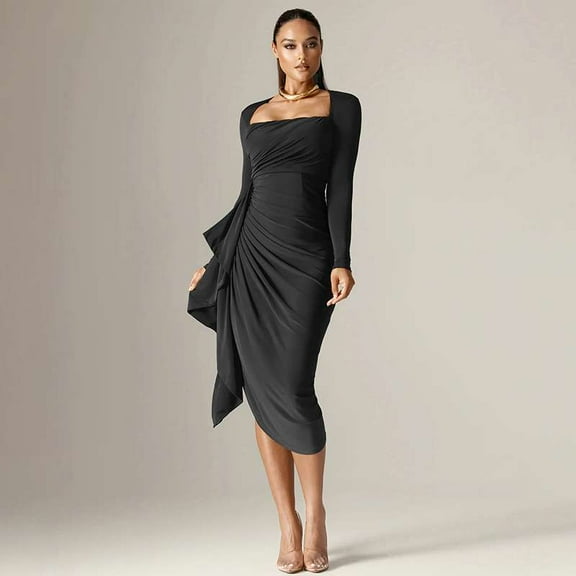Black Long-Sleeve Draped Midi Dress (S, Black)