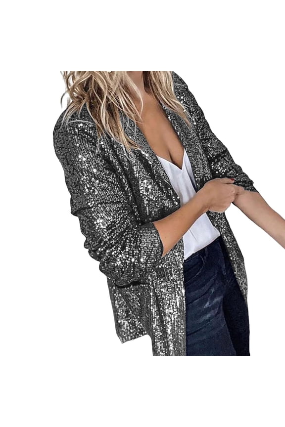 Black Long Sleeve Fleece Jackets, Polyester Women Sequins Jacket, Women Sequins Jacket Casual Long Sleeve Glitter Party Shiny Lapel Rave Outerwear Jacket, M