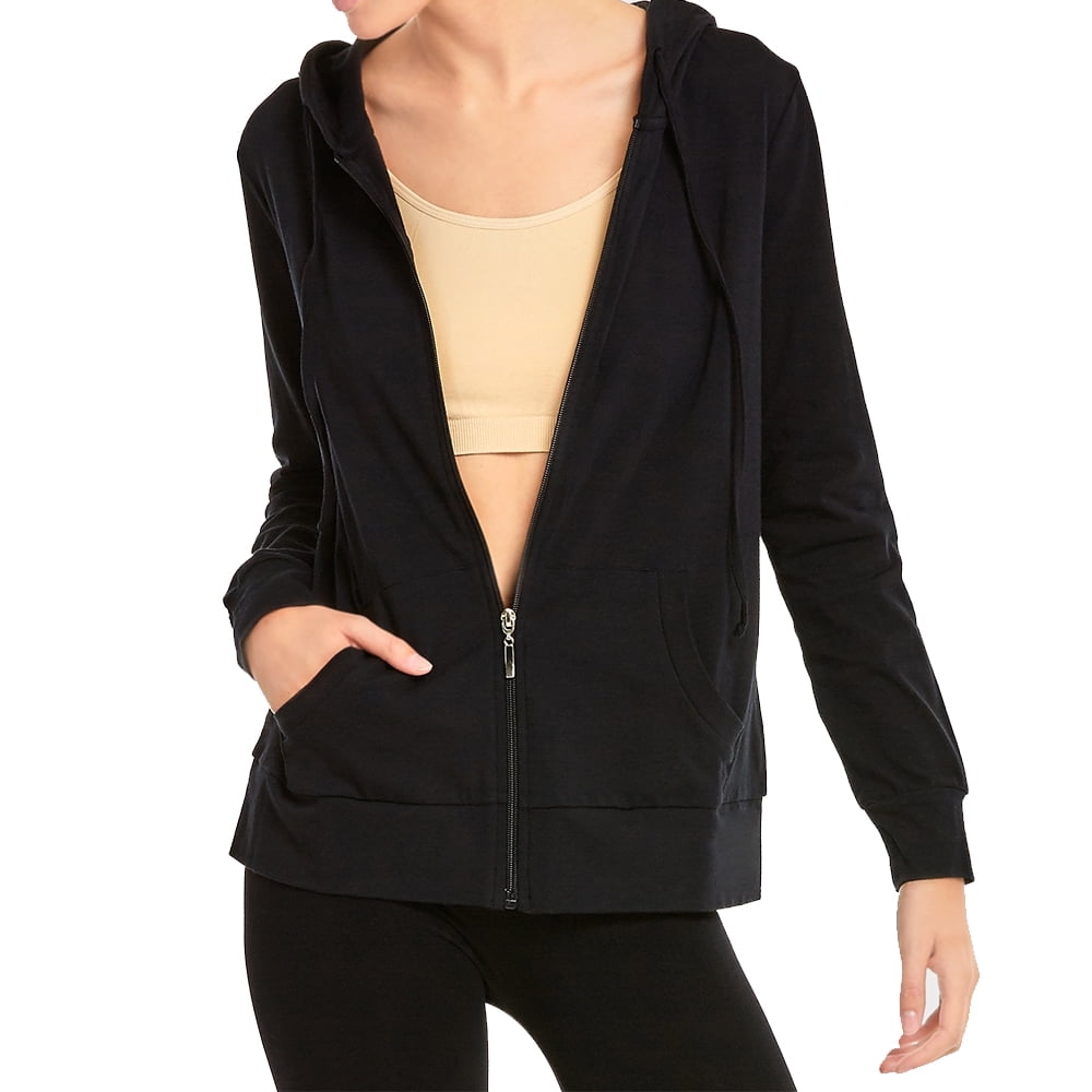 Black Long Sleeve Full Zip Up Hoodie Thin Cotton Jacket Women Classic