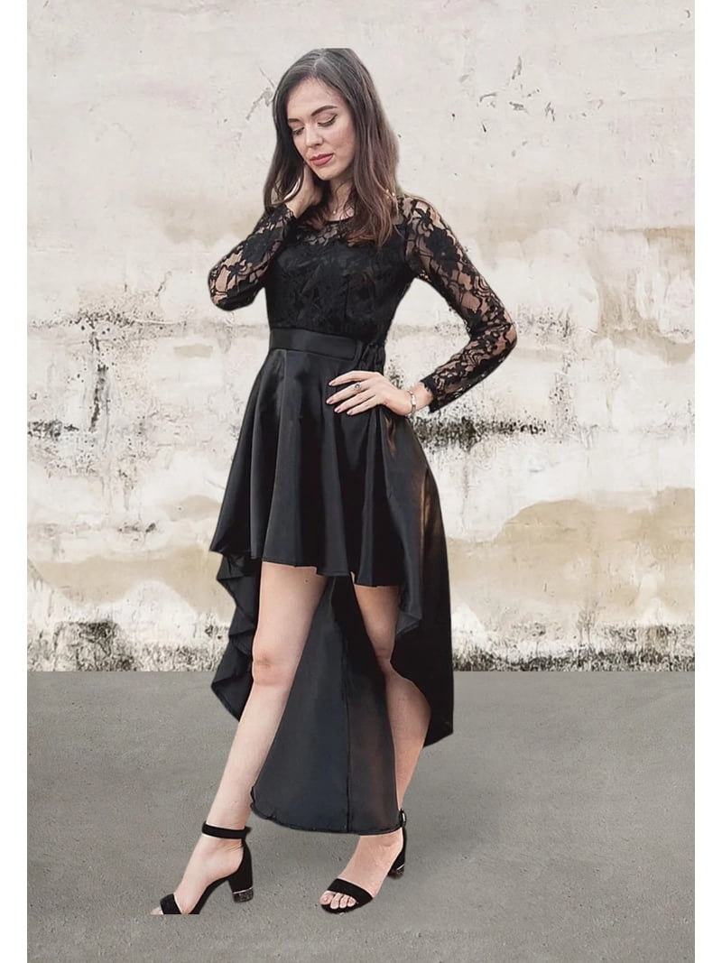 Black Long Sleeve Lace High Low Satin Dress - Main Image