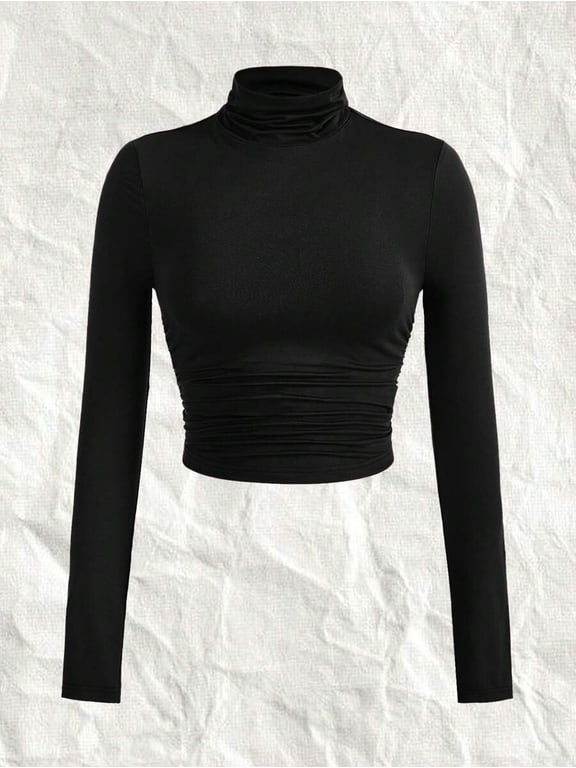 Black Long Sleeve Ruched Turtleneck Crop Top