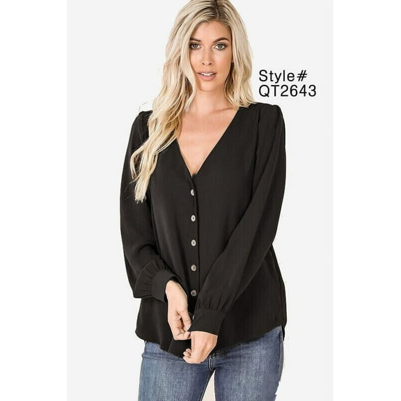 Black Long Sleeve Shell Button-Down Blouse