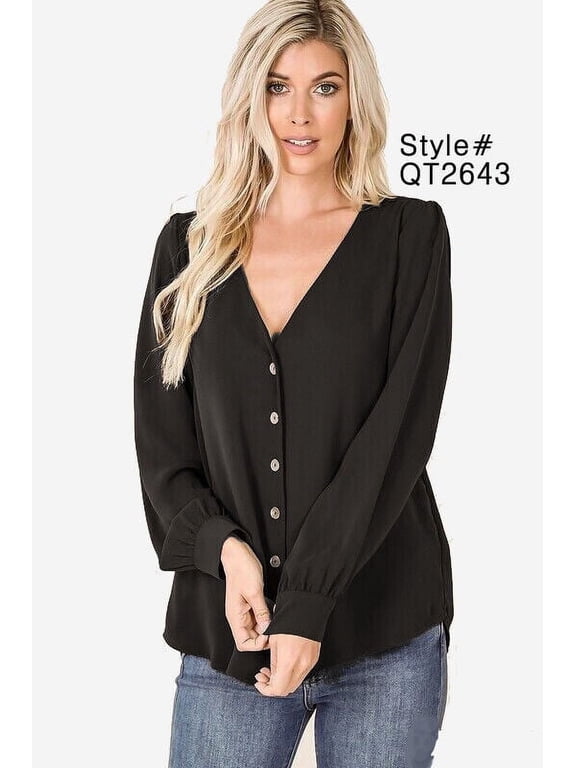 Black Long Sleeve Shell Button-Down Blouse
