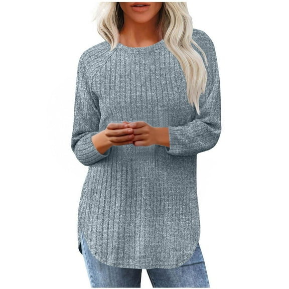 Black Long Sleeve Shirt for Woman, Women's Casual Solid Round Neck Pocket Hem Slit 3/4 Sleeve Round-Neck Blouses Shirts, Women's Long Sleeve Shirts Plus Size, (Light Blue,M)