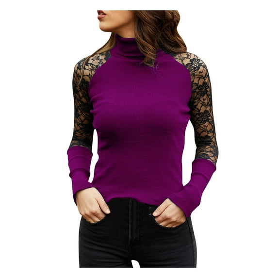 Black Long Sleeve Shirt Women Lace Sheer Sleeve Turtleneck Fall Sweaters for Women Trendy Knit Tops Goth Clothes