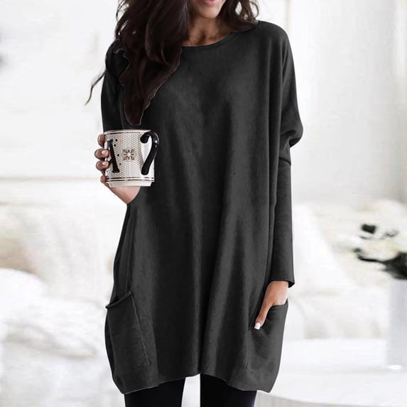 Black Long Sleeve Shirts for Women, Polyester Plus Size Tops for Women, Women's Round Neck Long Sleeve Tops Plus Size Shirts Lightweight Sweatshirts Loose Casual Tunic with Pockets Blouses 3XL