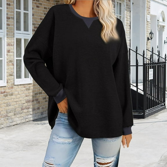 Black Long Sleeve Shirts for Women, Polyester Womens Fall Fashion 2024, Womens Oversized Sweatshirts 2024 Casual Crewneck Long Sleeve Knit Tops Pullover Jumper Outfits XXL