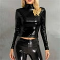 thumbnail image 1 of Black Long Sleeve Shirts for Women's Metallic Liquid Mock Neck Turtleneck Crop Top Long Sleeve/Sleeveless Tank Top T Shirt Fashion Clothing, 1 of 6