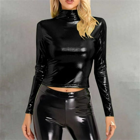 Black Long Sleeve Shirts for Women's Metallic Liquid Mock Neck Turtleneck Crop Top Long Sleeve/Sleeveless Tank Top T Shirt Fashion Clothing