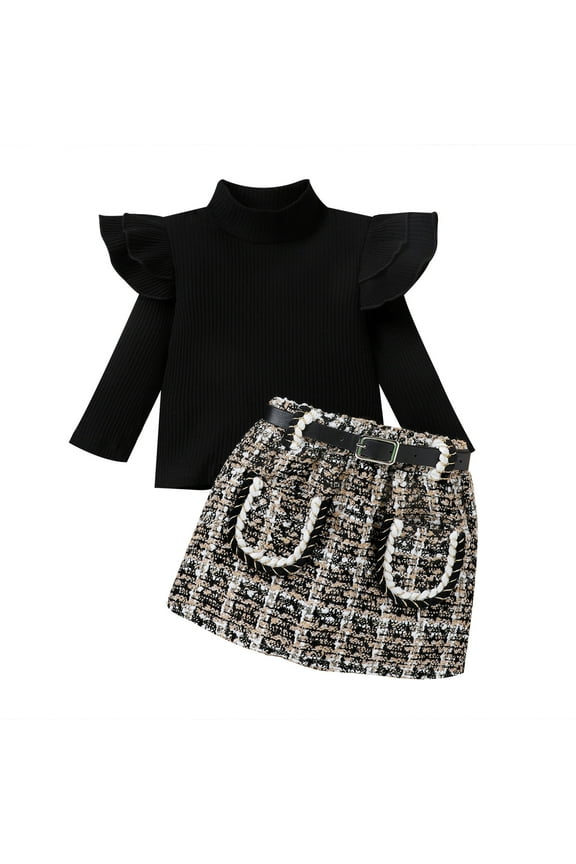 Black Long Sleeve Top Tweed Skirt Belt Set Top Skirt Set Two Piece Suitable For 6 Months~5 Years Old