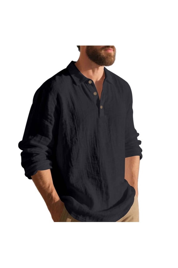 Black Long Sleeve Tops for Man Summer Fall Collared Turtle Neck Faux Linen Loose Fit Work Modest Casual Uniform Cardigan Basic Top T Shirt Blouse Man Button 2026 XXL