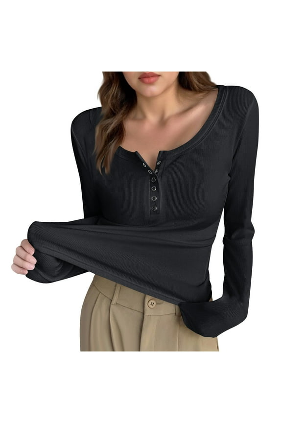 Black Long Sleeve Tshirts for Women Winter Fall Crewneck Collared Neck Thermal Plain Tops Shirt Women 2026 Clothing Trendy S