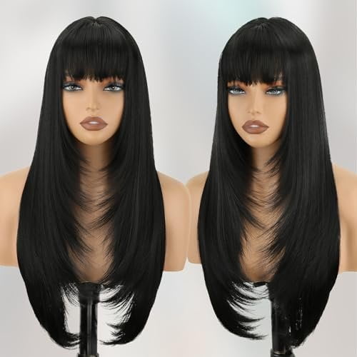 Black Long Straight Layered Wig with Bangs for Women 26 inch Put  Go Realistic Synthetic Heat Resistant  Wig for Girls Party  and Daily Use