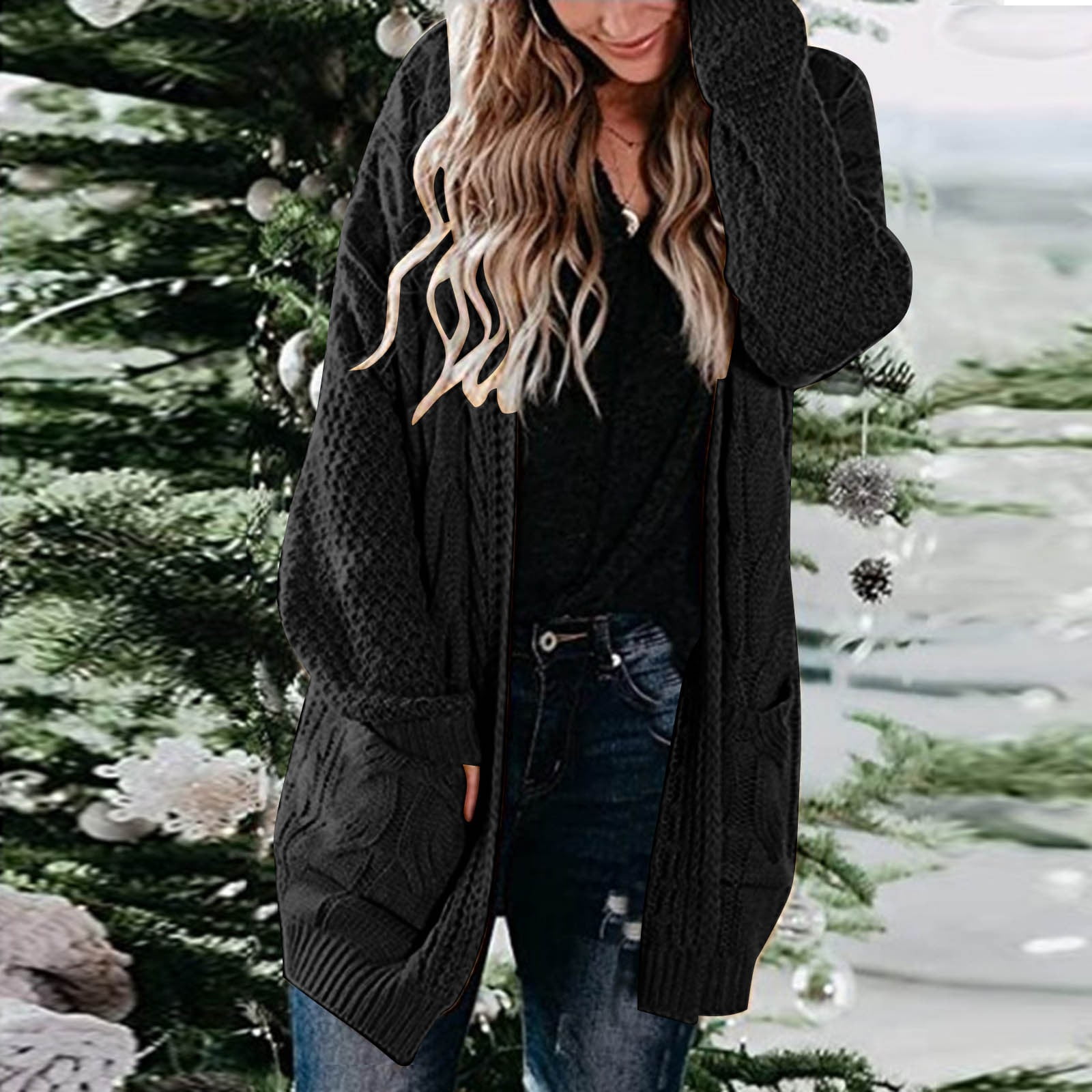 Black Long Sweaters Women Casual Solid Twist Crochet Sweater Cardigan Loose Long Sleeve Pocket Coat Cardigan Sweaters For Women