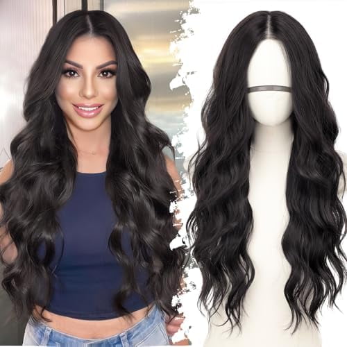 Black Long Wavy Wig for Women, Pre-Cut  Lace  Hairline, Glueless Middle Part, Synthetic Fiber for Daily and Party Use 26Inch