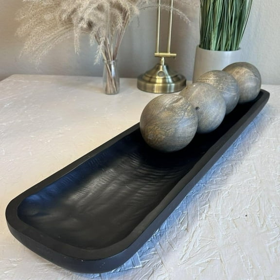 Black Long Wood Bowl, Large Table Decor Centerpiece, Modern Rectangle Tray, 28 "W x 1 "H x 7 "D, Wooden Decorative Bowl for Livingroom Diningroom Coffee Table