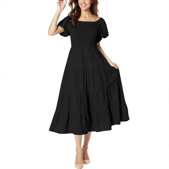 Black Loose Fit Long Dresses for Teen Girls Summer Fall Short Puff Sleeve Scoop Neck Midi Knee Length Lounge Plain Dresses Womens 2025 Clothes Fashion XL