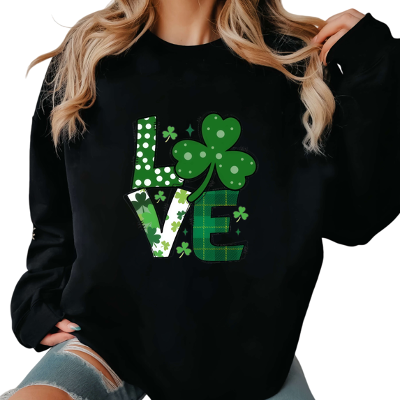 Black Loose Print Sweatshirt Graphic Sweatshirt S-3XL St Patrick's Day Festive Love Shamrock Cotton Tops