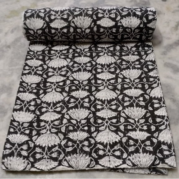 Black Lotus Floral Block Print Indian Kantha Quilt – Handmade Pure Cotton Throw Blanket for Bedroom Decor