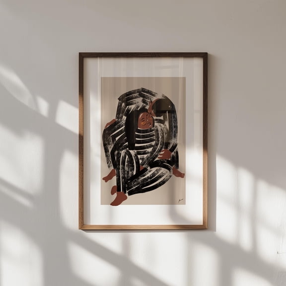 Black Love Art : Abstract Couple Embrace, Black Beige & Brown Painting