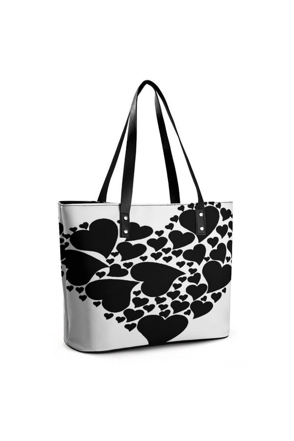 Black Love Heart Pattern Woman Leather Handbags Large Tote Bag Fashion Portable Handbags With Zipper