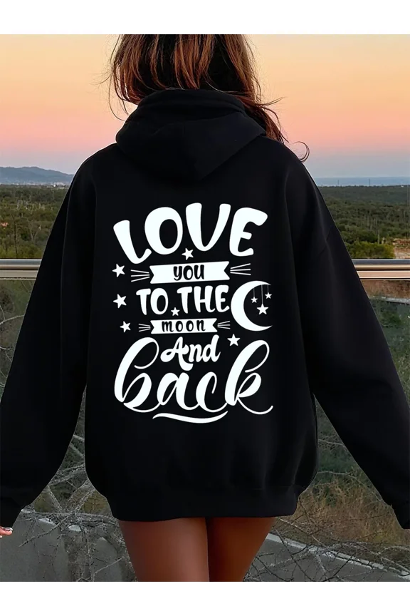 Black Love You To The Moon Back Text Star Hoodie Shirt for Men & Women, up to Size 5XL