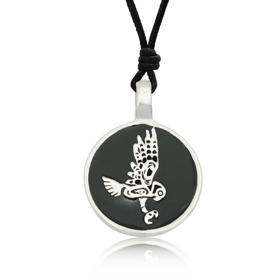 Black Lovely Owl Totem Silver Pewter Charm Necklace Pendant Jewelry With Cotton Cord
