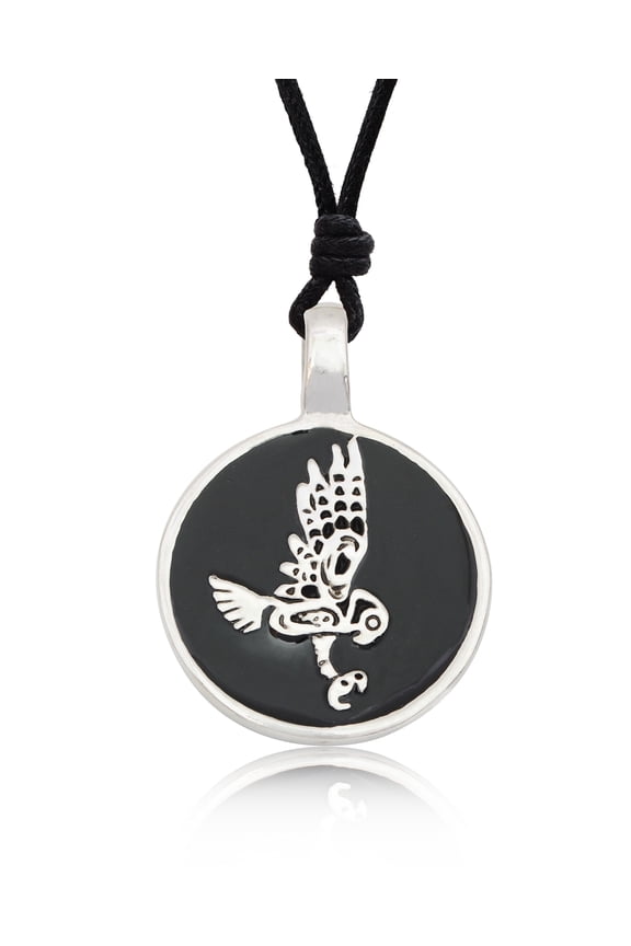 Black Lovely Owl Totem Silver Pewter Charm Necklace Pendant Jewelry With Cotton Cord