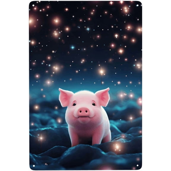 Black Lovely Pink Pig Under Starlight Metal Tin Sign 8x12 Inch Tinplate For Farmhouse Home Office Garden Garage Bar Decor