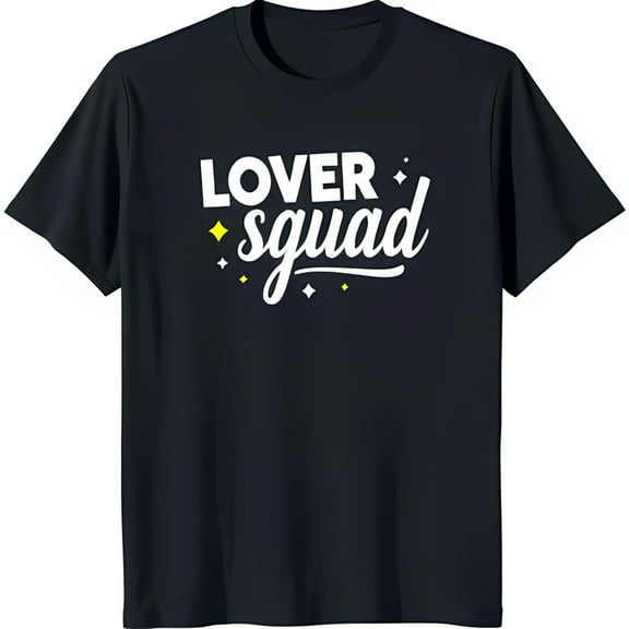 Black 'Lover Squad' T-Shirt with Bold White Text & Yellow Stars Short Sleeve Neck Tee
