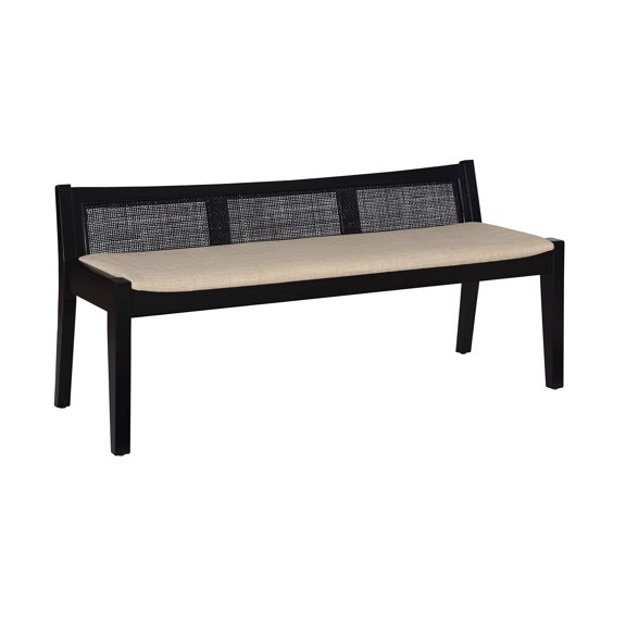Black Low Back Cane Bench with Beige Upholstered Seat