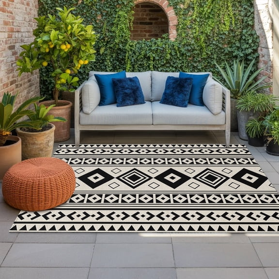 Black Lozenge Indoor Outdoor Rugs 3x5 Ft, Coastal Geometric Striped Folk Farm Beige Sand Outdoor Patio Rugs Mat Washable Outside Area Rugs Carpet for Porch Deck RV Camping Pool Balcony Backyard
