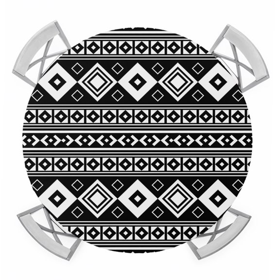 Black Lozenge Round Table Cover, Coastal Geometric Striped Folk Farm Graphite Waterproof Fitted Tablecloths for 45"-54" Tables, Washable Picnic Table Cover for Camping Dining Indoor Outdoor