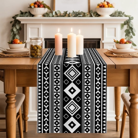 Black Lozenge Table Runner, Coastal Geometric Striped Folk Farm Graphite Washable Cotton-linen Table Runners Dining Kitchen Decoration for Everyday Home Wedding Party Decor, 13 x 72 Inch