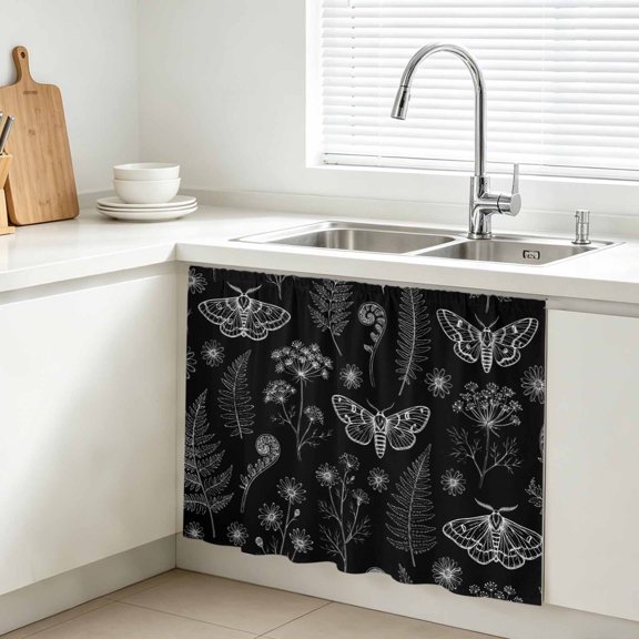 Black Luminous Moths Cabinet Curtains for Kitchen 10"Wx11"L, Botanical Artistic Country Wildflower Floral Leaf Under Sink Skirt Magic Tape Short Curtain Decorative Privacy Panel for Bathroom Laundry