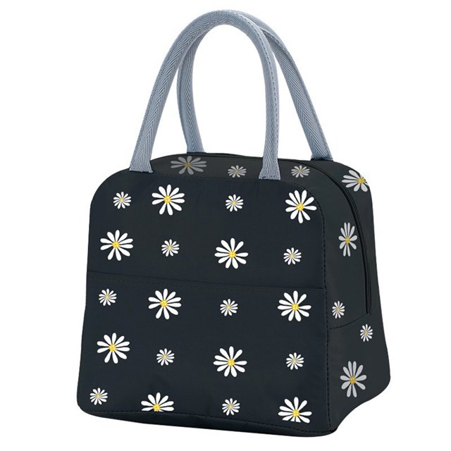 Black Lunch Bag Floral Daisy Women Tote Box Reusable Canvas Cooler Container Lunch Holder