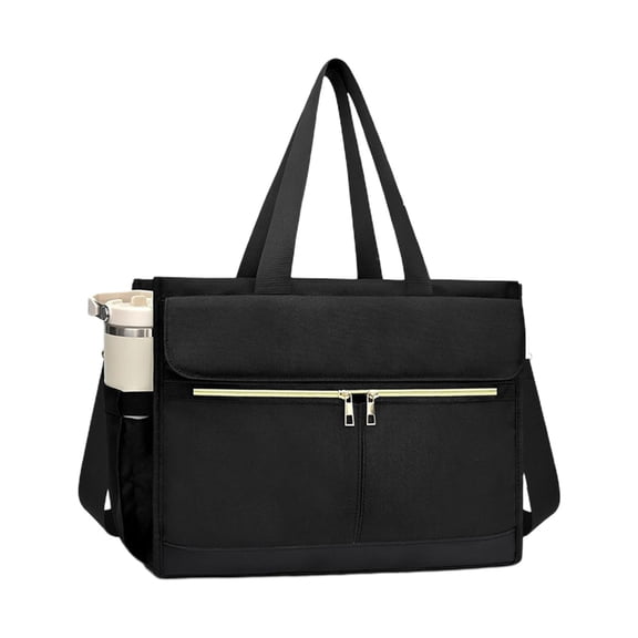 Black Lunch Bag For Women 15.6In Laptop Tote With Insulated Lunch Box Large Cup Holders Compartment Two Tone Design For Work Travel Black