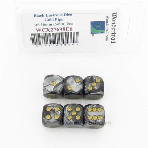 Black Lustrous Dice with Gold Pips 16mm (5/8in) D6 Set of 6 Wondertrail