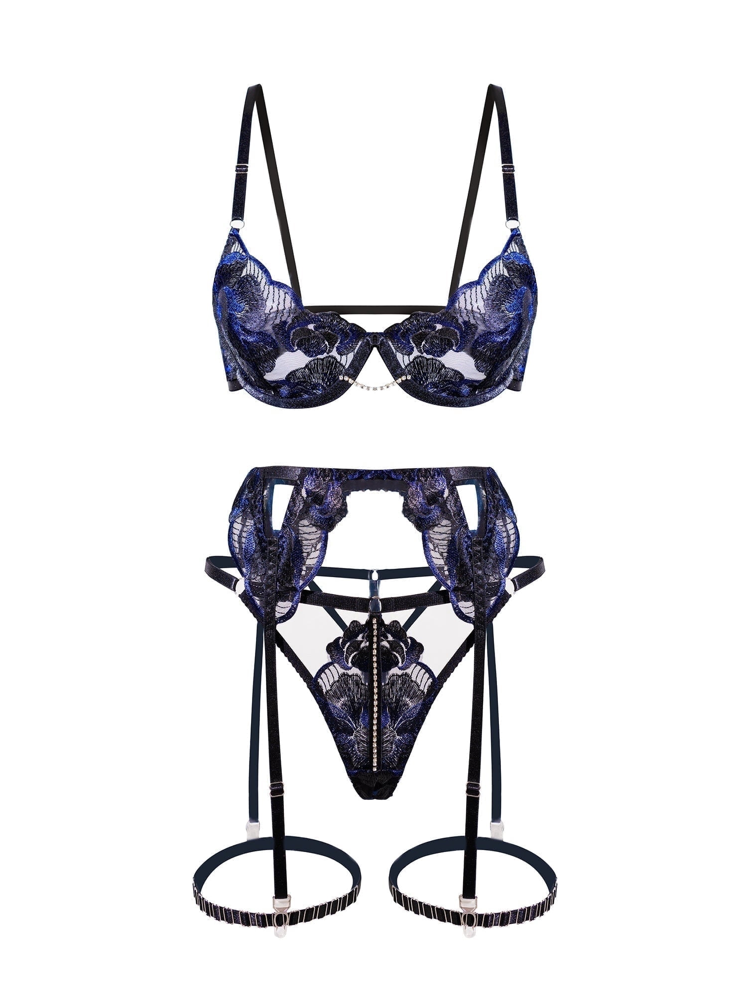 Black Luxurious Fancy Embroidered Sexy Lingerie Set (BLACK, S)