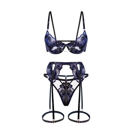 Black Luxurious Fancy Embroidered Sexy Lingerie Set (BLACK, S)